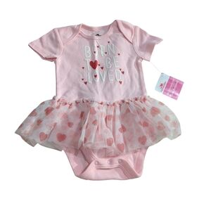 Way To Celebrate! Valentine's Day Pink Heart Baby Onesie With Tulle Skirt 3-6M.